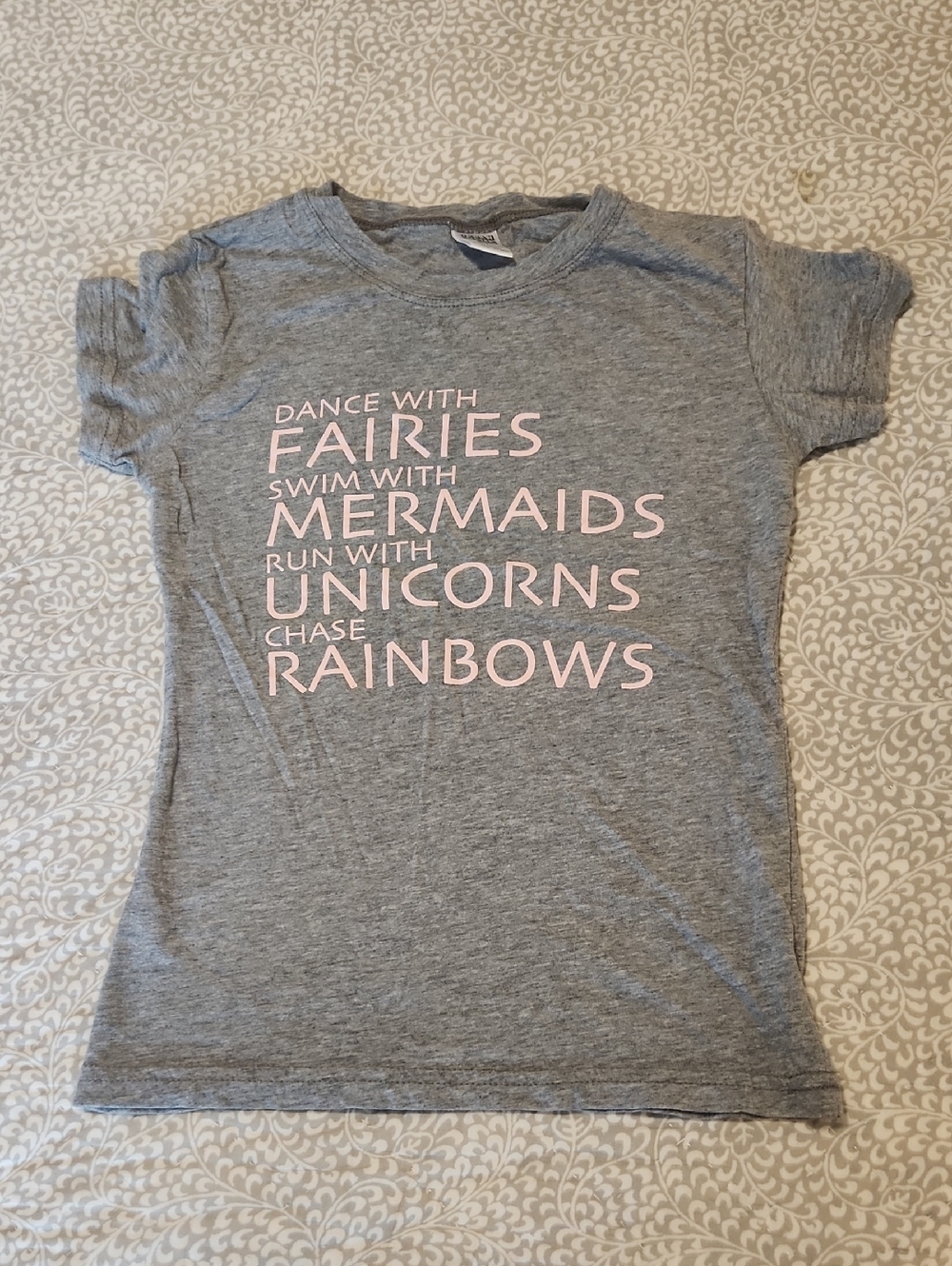 ✨ 3 For $25 SALE Gray Kids Short Sleeve Tee with Pink Fantasy Text